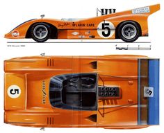 an orange race car with the number 5 on it's front and side views