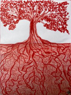 a drawing of a tree with red roots