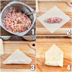 four pictures showing how to make an appetizer