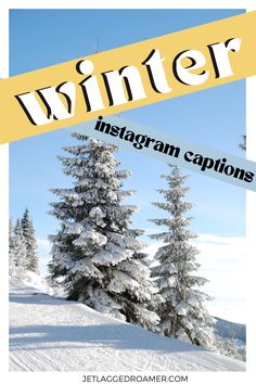 the words winter instagram captions are in front of some snow covered pine trees