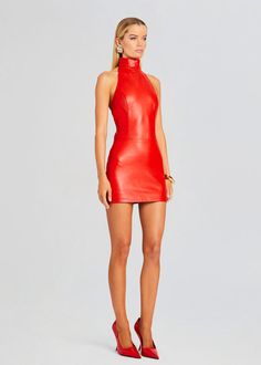 Reinvent your style with our Roxy Dress. This seductive halter, mock neck mini dress is crafted in sleek leather with buckle details at the back. Shown here in Fiery Red. 100% Leather Made in India Model is 5'10" wearing size XS Style No. FW23-7910 Turtle Neck Mini Dress, Product Modeling, Bridal Reception Dress, Australia Clothes, Mock Neck Mini Dress, Roxy Dress, Dress Night Out, Bride Bachelorette, Bachelorette Party Bride