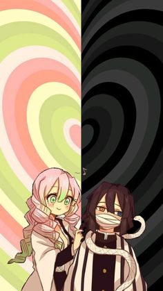 two anime characters standing next to each other in front of an abstract background with swirls