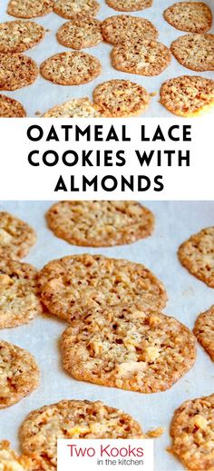 oatmeal lace cookies with almonds on top and two photos showing them