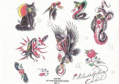 an old school tattoo flash sheet with cats and birds