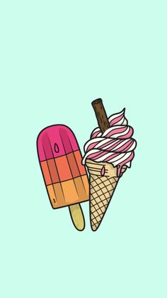 two ice cream cones are shown on a light blue background, one is pink and the other is orange