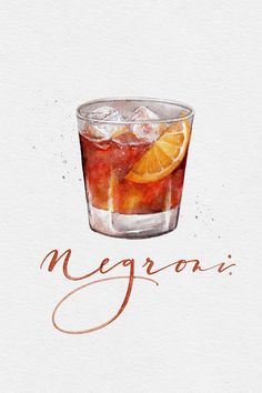 a watercolor drawing of a cocktail with orange slices