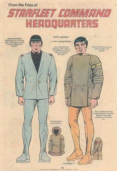 an advertisement for star trek commander's uniforms from the fifties, with instructions on how to wear them