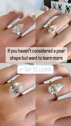 two different views of a woman's engagement ring with the words if you haven't considered a pear shape but want to learn more