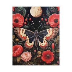 a painting of a butterfly with red flowers and a moon in the sky behind it