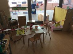 a child's playroom with toys and signs taped to the wall for safety