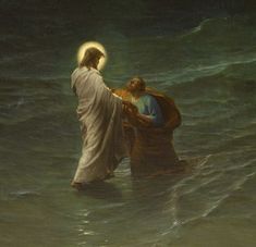 a painting of jesus walking into the water with a man in it's arms