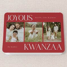 a red coaster with four photos on it and the words joyous written in white