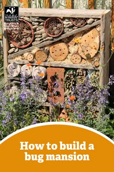 Wooden crate with holes, bricks and twigs. Habitat for wildlife. Text: How to build a bug mansion. Bug Garden Ideas, Bug House Ideas, Insect Garden, Bug Garden, Bug Hotel Ideas, Bug Hotel Ideas Eyfs, Wildlife Garden Ideas, Bee Hotel Diy Kids