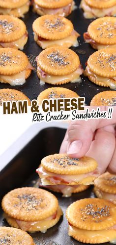 ham and cheese cracker sandwiches on a baking sheet with the title text overlay