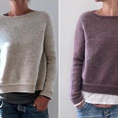 two pictures of women wearing sweaters and jeans