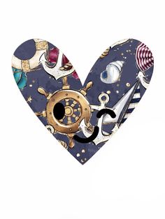 a heart shaped box with an anchor, steering wheel and other items