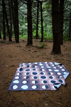 a blanket is laying on the ground in the woods