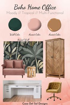 the color scheme for this home office is pink, green and brown with gold accents