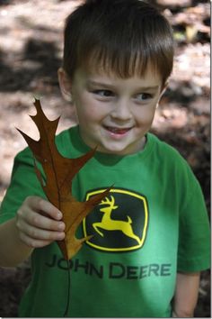 a young boy holding up a leaf in the woods