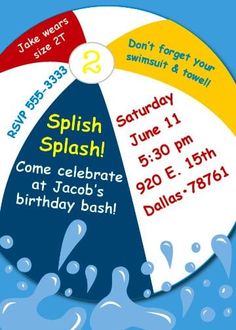 an image of a birthday party flyer with water splashes on it and the words splash splash