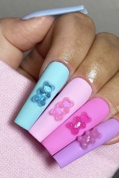 Teddy Bear Nail Art, Bear Nail Art, Ring Nails, Nails Easter, Lilac Nails, Cow Nails, Drip Nails