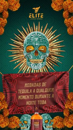 a poster with an image of a skull holding a bottle and two orange flowers in front of it