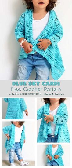 Blue Sky Cardi For Girls Baby Girl Free Crochet Pattern 2T to 10 Years شال كروشيه, Crochet Baby Sweater, Irish Crochet Dress, Trendy Sewing, Crochet Baby Girl, Haken Baby, Crochet Girls, Crochet Baby Clothes, Baby Sweater