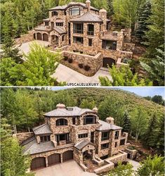 two pictures of a large stone house in the woods