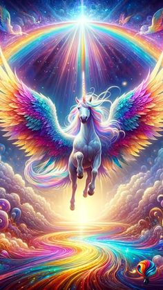 a painting of a unicorn flying through the sky with rainbows and stars in the background