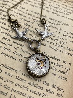 (1) Steampunk Sparrow Necklace - The Victorian Magpie Vintage Gold Jewelry With Butterfly Clasp, Sparrow Necklace, Steampunk Mixed Media Art, Moon Goddess Necklace, Steampunk Mixed Media, Ruby Jewel, Steam Punk Jewelry, Book Locket, Goddess Necklace