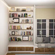 a living room filled with furniture and bookshelves next to a sliding glass door