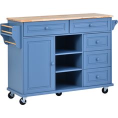 a blue kitchen island on wheels with drawers