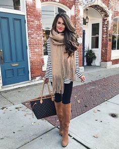 Striped top, brown over the knee boots (Pretty Top Black) Casual Brown Over-the-knee Boots, Brown Knee-high Heeled Boots For Fall, Brown Over-the-knee Winter Boots, Brown Knee-high Boots For Fall, Brown Knee-length Winter Boots, Boot Outfits