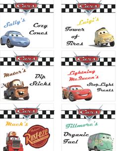 the cars are all lined up together on the checkered table cloth, and each has their own name