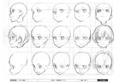 an anime character's head with different angles and facial expressions, drawn in pencil