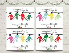 four handprinted christmas cards with the words merry and bright hanging on clothes pins