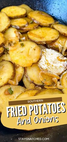 fried potatoes and onions in a skillet with text overlay