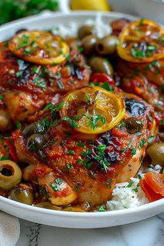 a white plate topped with chicken, olives and rice covered in marinara sauce