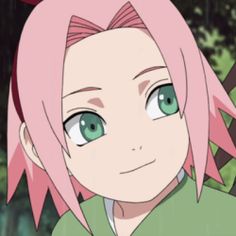 a girl with pink hair and green eyes looks at the camera while standing in front of trees