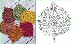 four crocheted leaves are shown next to the same pattern, and one has been made in different colors