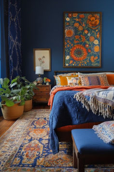 Prussian Perfection in a bright blue boho bedroom showcases the sophisticated and powerful presence of Prussian blue. This deep, intense color is used on walls and textiles, enriched with luxurious materials like velvet and silk. The dark blue hue is ideal for creating a focal point in the room, offering depth and drama to the bohemian decor. Click to explore the elegance of Prussian Perfection in bedroom design. Blue Boho Bedroom Ideas, Blue Boho Bedroom, Dark Blue Rooms, Dark Blue Bedrooms, Blue Bedroom Walls, Dark Blue Walls, Boho Bedroom Ideas, Bright Decor, Timeless Interior