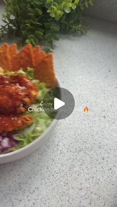 a white bowl filled with lettuce and chicken on top of a counter next to a potted plant