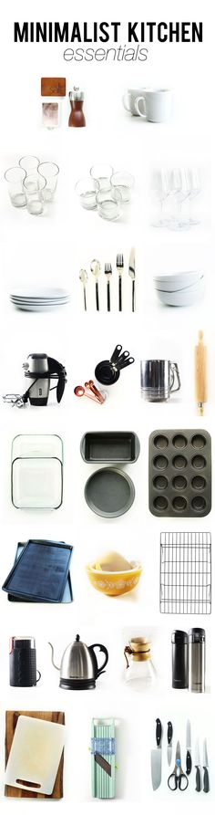 an assortment of kitchen utensils are shown in this graphic above the words, minimalist kitchen essentials