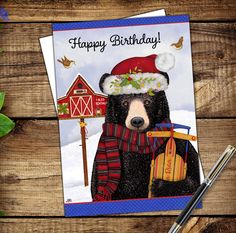 a happy birthday card with a bear wearing a santa hat