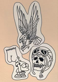 three stickers depicting different types of birds and skull designs on a beige background with black ink