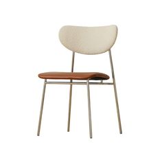 a white chair with a brown seat and metal frame, against a white background that has the shape of a bird on it's back