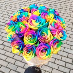 a bouquet of multicolored roses in a white vase