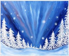 an acrylic painting of snow covered trees and blue sky with sunbeams