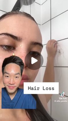 a woman is taking a selfie in the shower with her hair hanging over her head