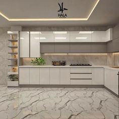 a modern kitchen with marble floors and white cabinets, along with an island countertop